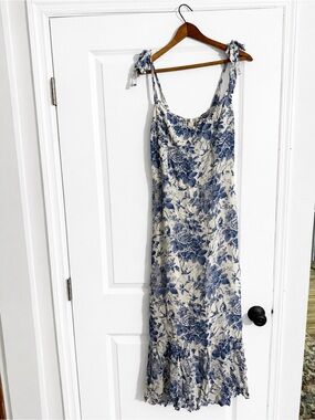Reformation Blue & White Floral Tie Strap Midi Dress Size 10 Cottagecore Toile